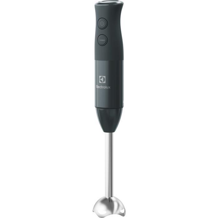 Egy sötétszürke Electrolux kézi mixer rozsdamentes acél pengével, fekete háttéren.
