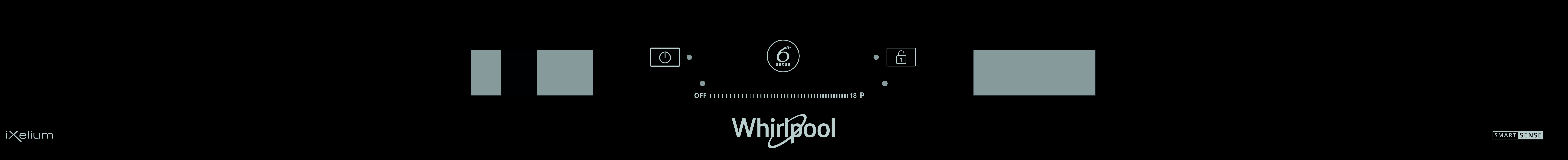 Fekete Whirlpool vezérlőpanel több téglalap alakú gombbal és egy központi kör alakú vezérlővel.