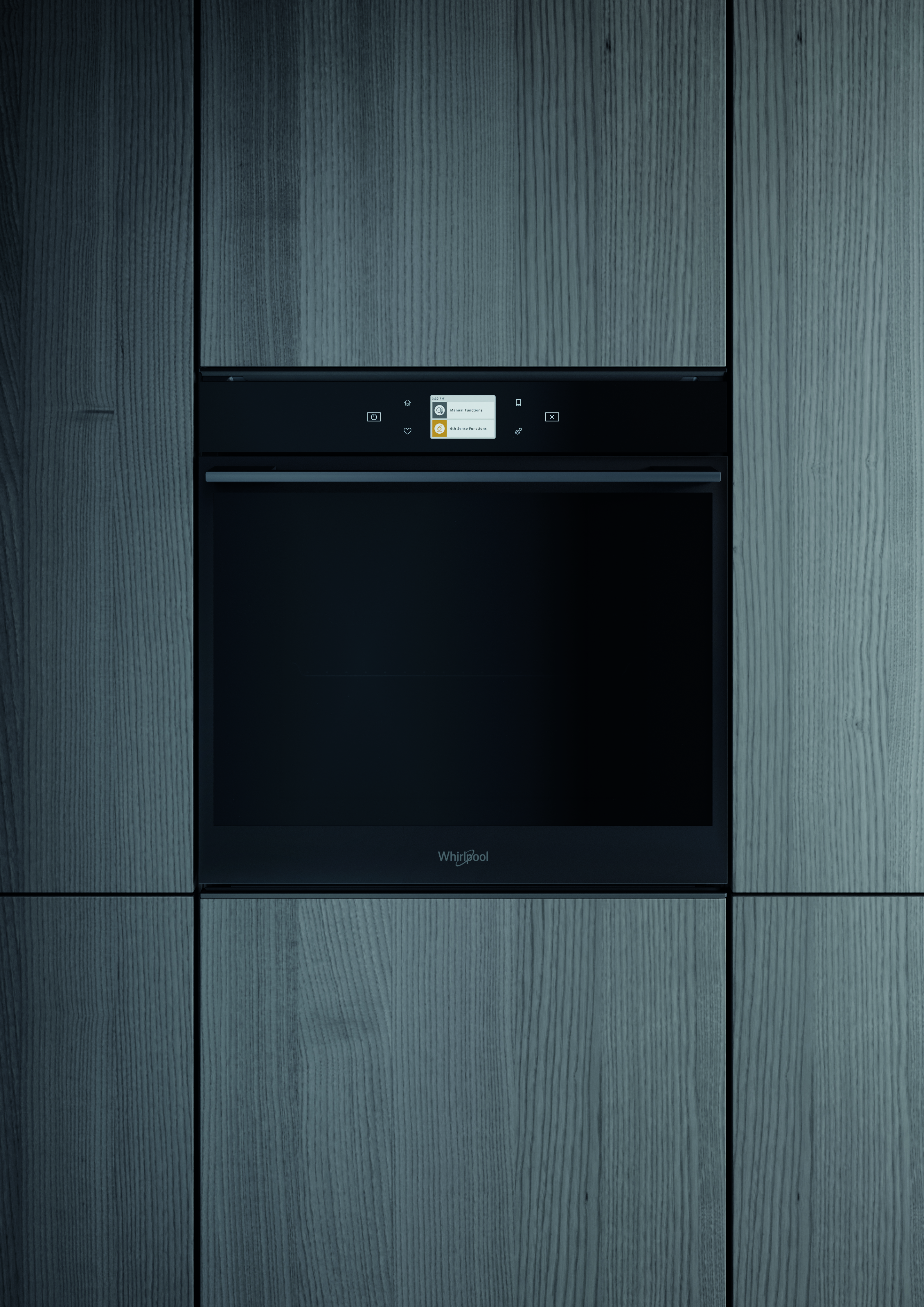 Fekete Whirlpool sütő szürke faerezetű szekrénybe építve, digitális kijelzővel.