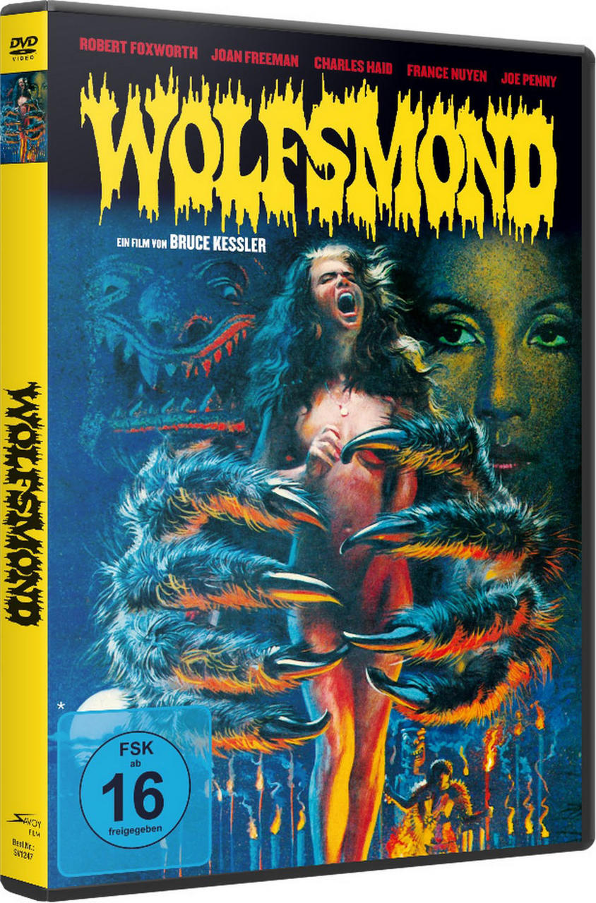 Ein DVD-Cover für den Film Wolfsmond, mit einer Frau und einer wolfsartigen Kreatur.