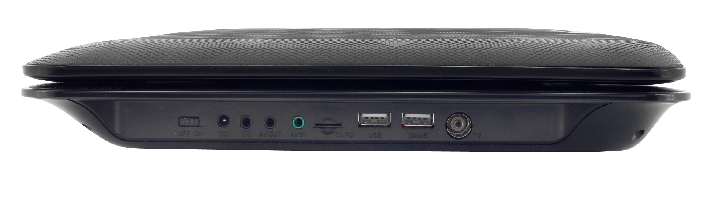 Schwarzer tragbarer DVD-Player mit verschiedenen Anschlüssen an der Seite, einschließlich USB.