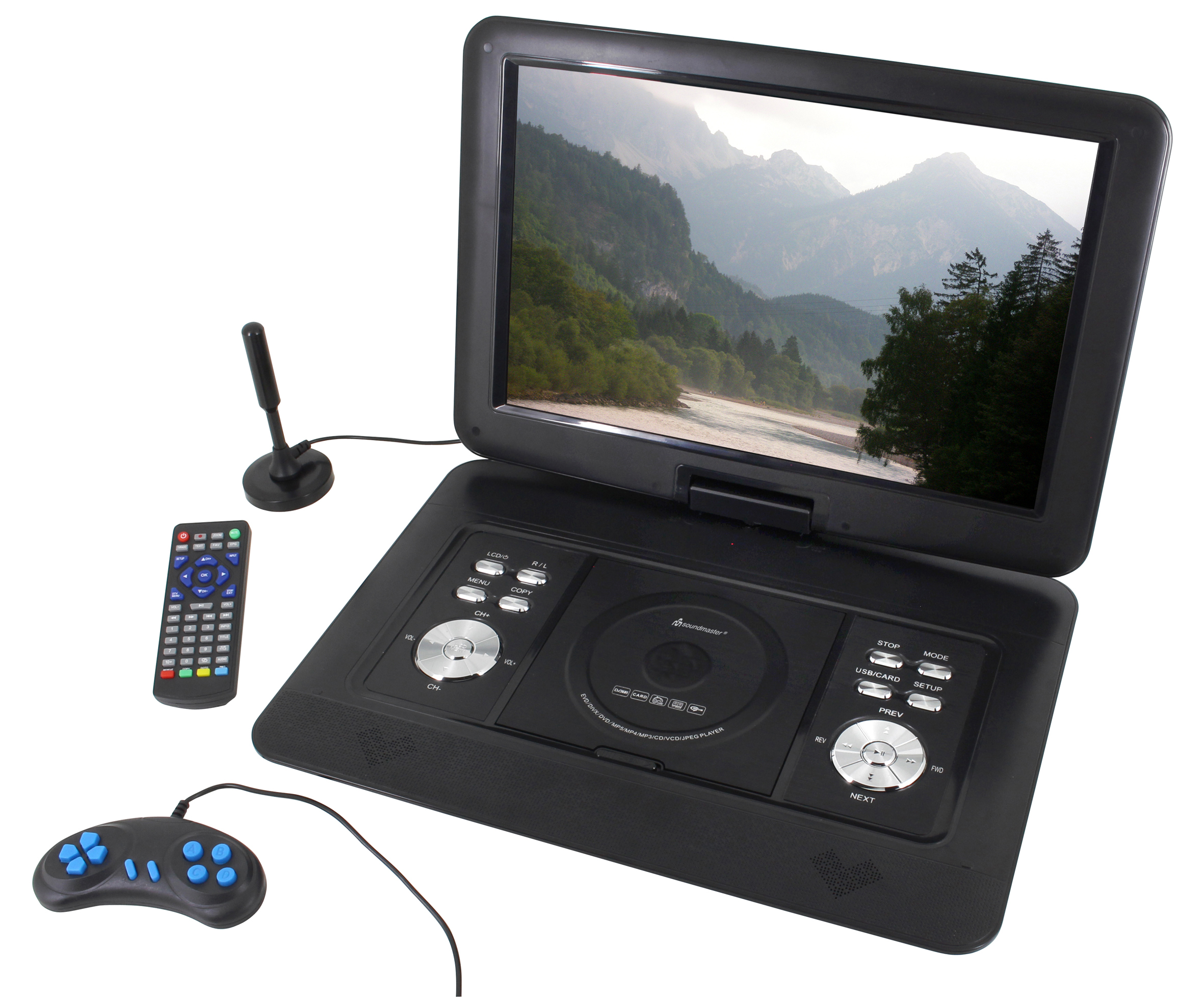 Tragbarer DVD-Player mit geöffnetem Bildschirm, Fernbedienung und Gamecontroller. Bergpanorama.