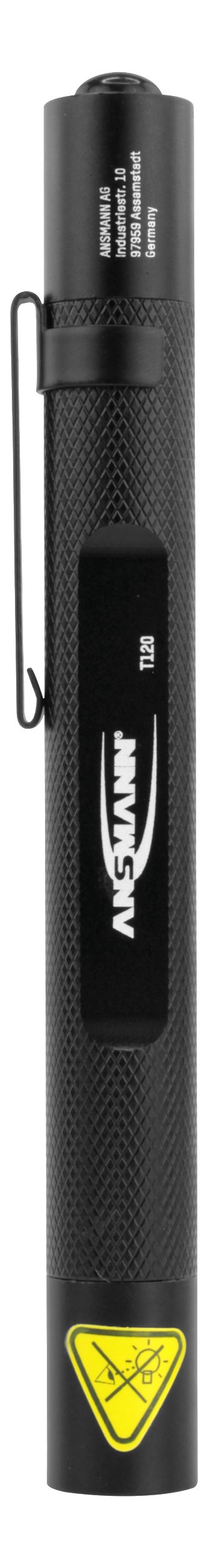 Schwarze Taschenlampe mit Clip und gelbem Warnhinweis unten.