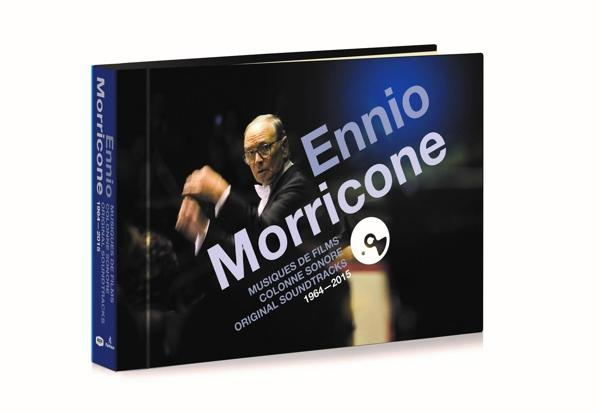 Coffret CD Ennio Morricone. Image du compositeur sur la couverture. Bleu et noir.