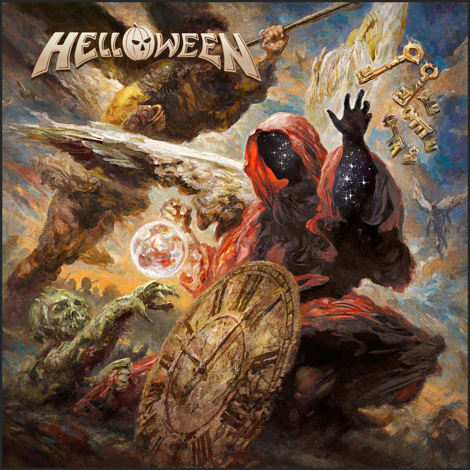 Albumcover: Helloween. Zeigt eine vermummte Figur, eine Uhr, Schlüssel und einen Sternenhimmel.