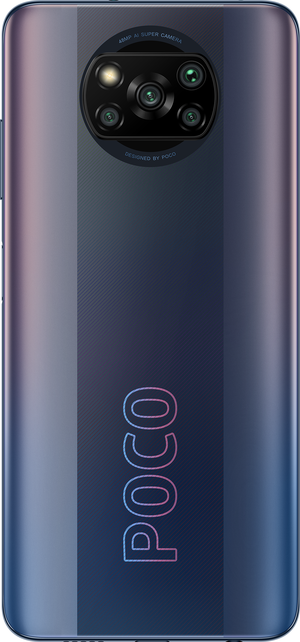 Die Rückseite eines blau-schwarzen Telefons. Es hat mehrere Kameras und das Wort POCO.