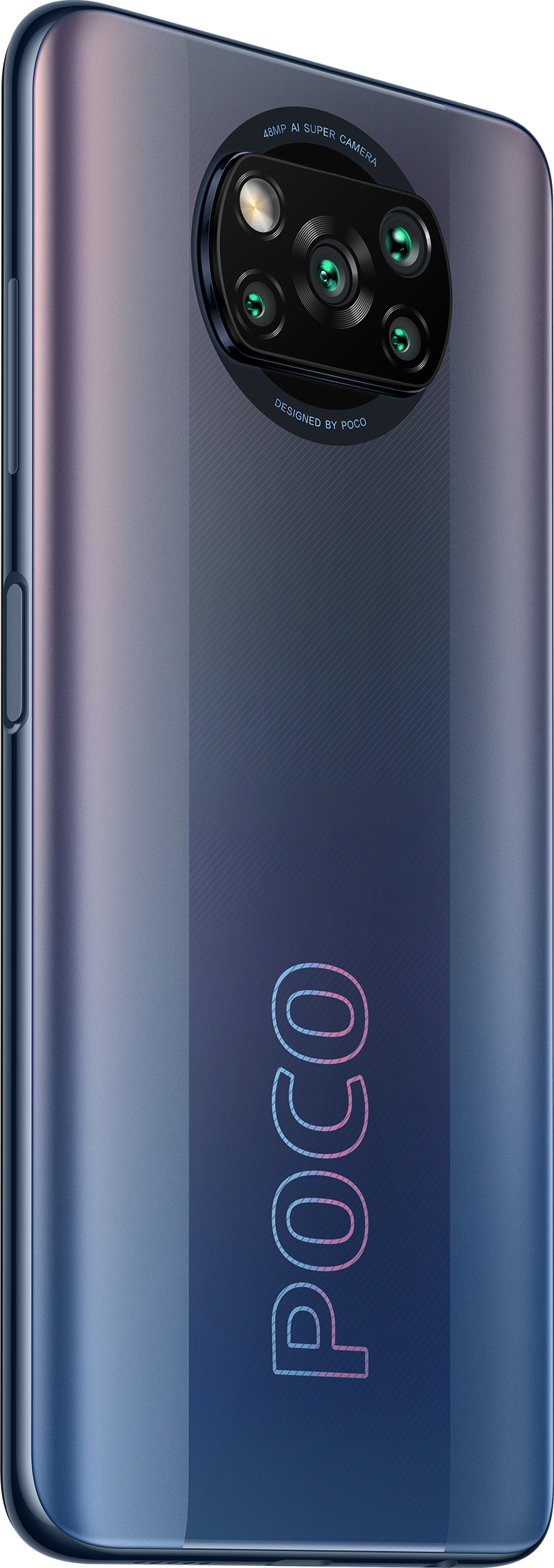 Rückansicht eines blau-violetten POCO-Telefons.