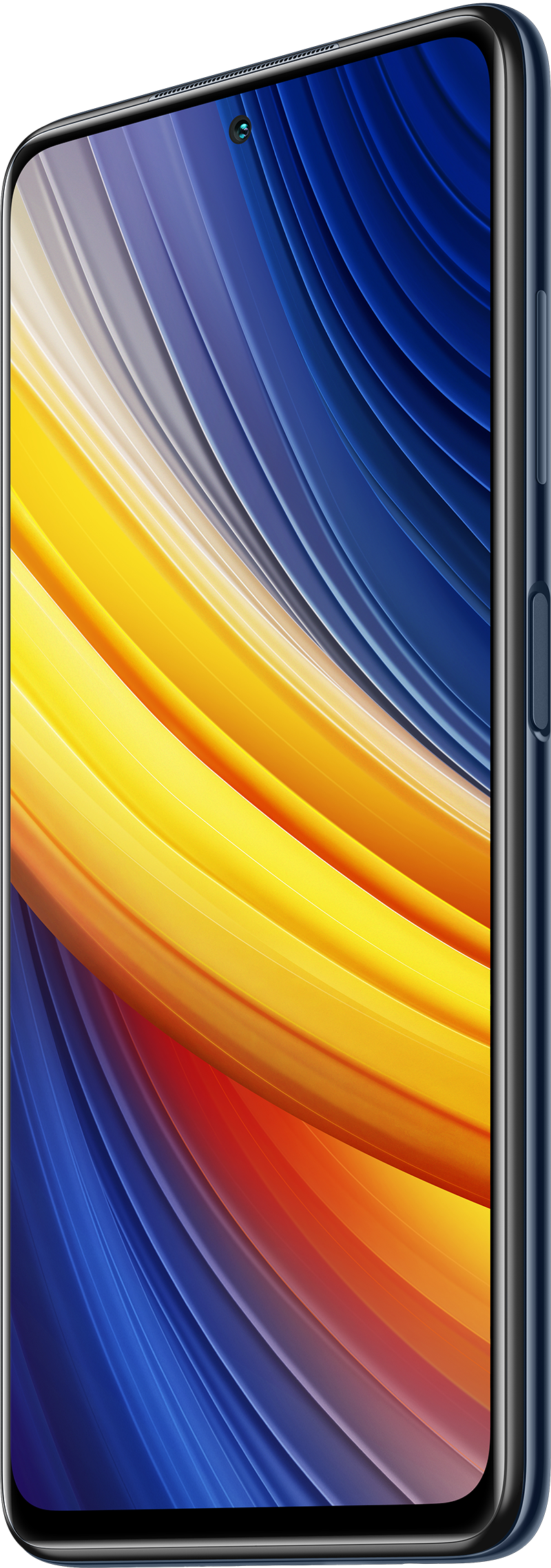 Smartphone mit blauem Farbverlauf, dunklem Rahmen und Knöpfen an der Seite.
