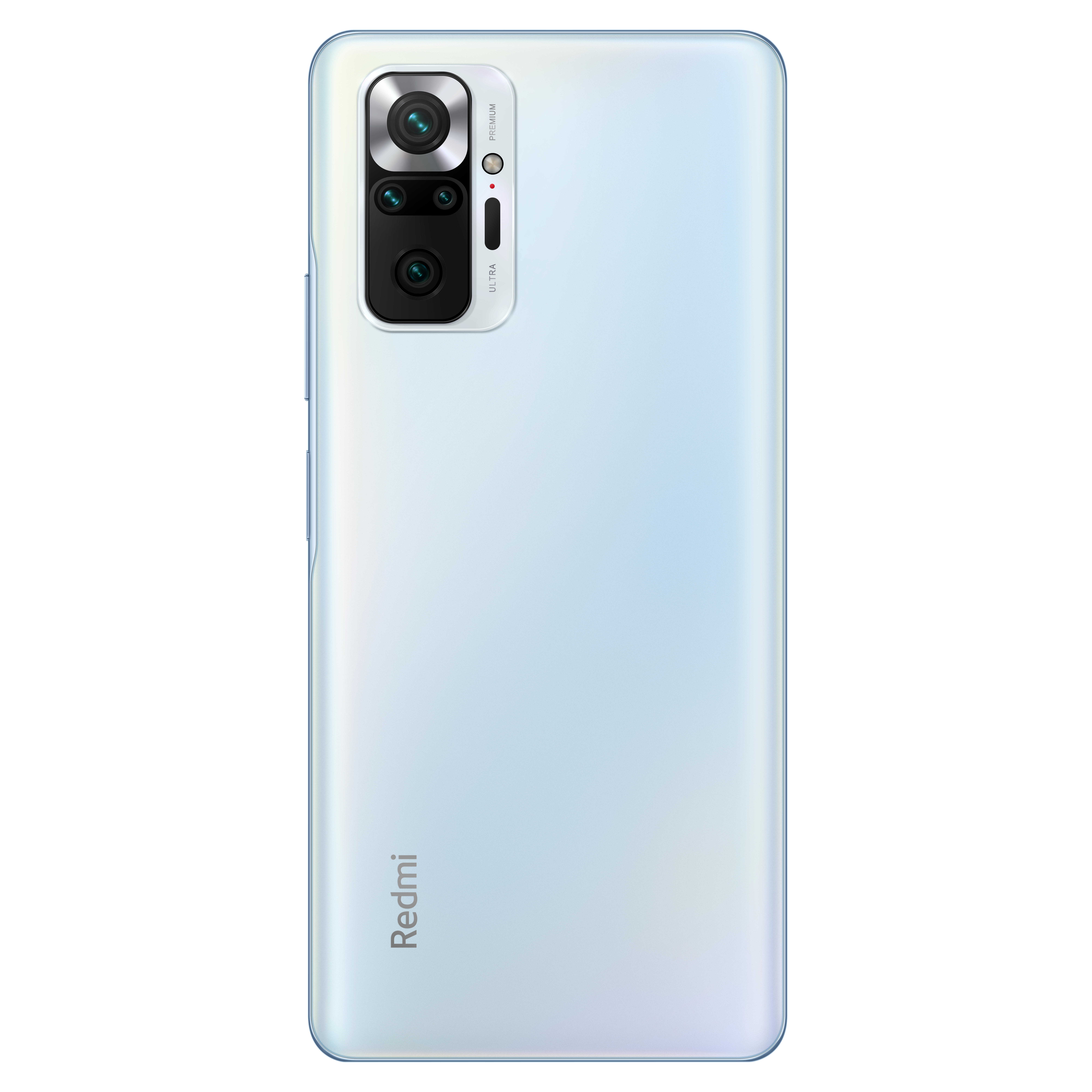Rückseite eines hellblauen Smartphones mit Kameras und Redmi-Logo.