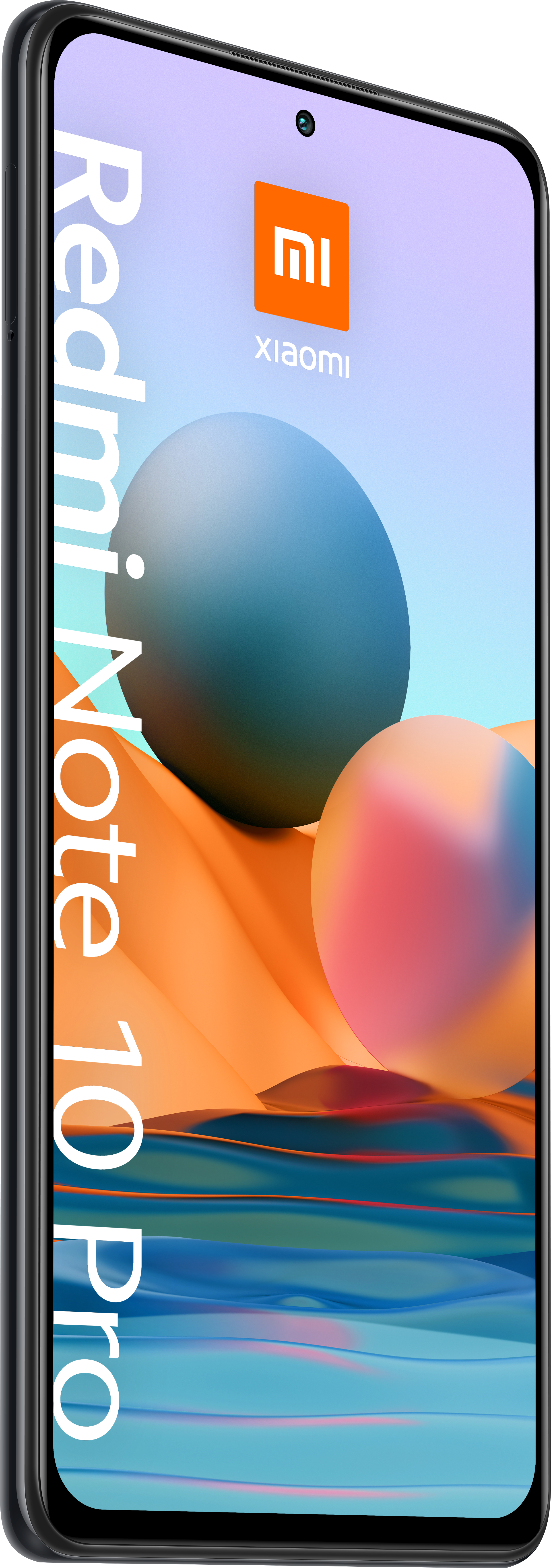 Xiaomi Redmi Note 10 Pro-Telefon. Es ist schwarz mit einem farbenfrohen Display.