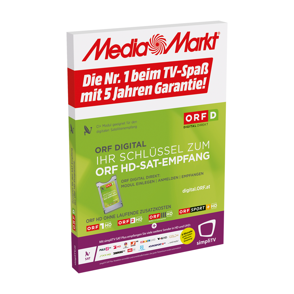 MediaMarkt-Box mit deutschem Text über ORF Digital und Fernsehspaß mit 5 Jahren Garantie.