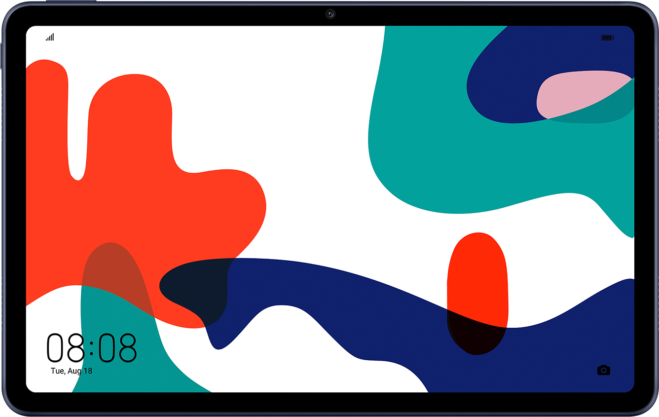 Ein Tablet zeigt ein abstraktes Design mit roten, blauen und türkisfarbenen Formen und die Uhrzeit.
