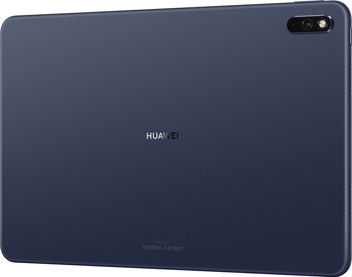 Rückseite eines marineblauen Tablets, mit HUAWEI-Logo und Kamera. Schlankes Design.