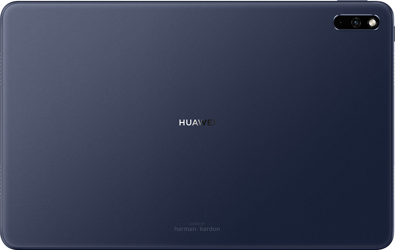 Ein dunkelblaues Tablet mit dem HUAWEI-Logo. Die Kamera ist sichtbar.
