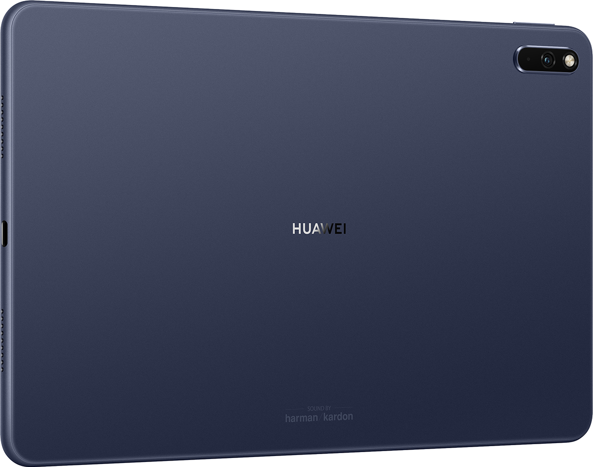 Dunkelblaue Tablet-Rückseite. Kamera und 'HUAWEI'-Logo sind sichtbar. Das harman/kardon-Logo ist ebenfalls vorhanden.