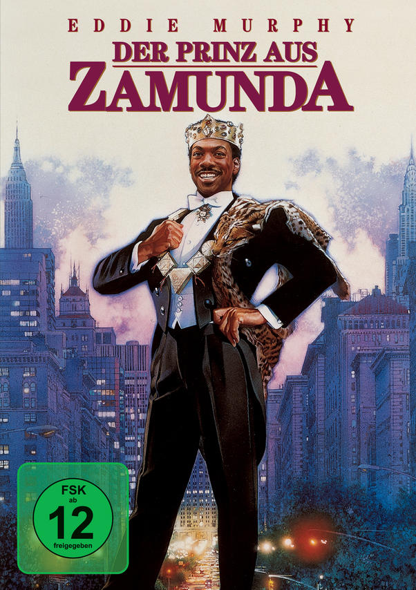 Filmplakat von Eddie Murphy als Prinz, der vor einer Stadtkulisse steht. Text lautet "Der Prinz aus Zamunda".