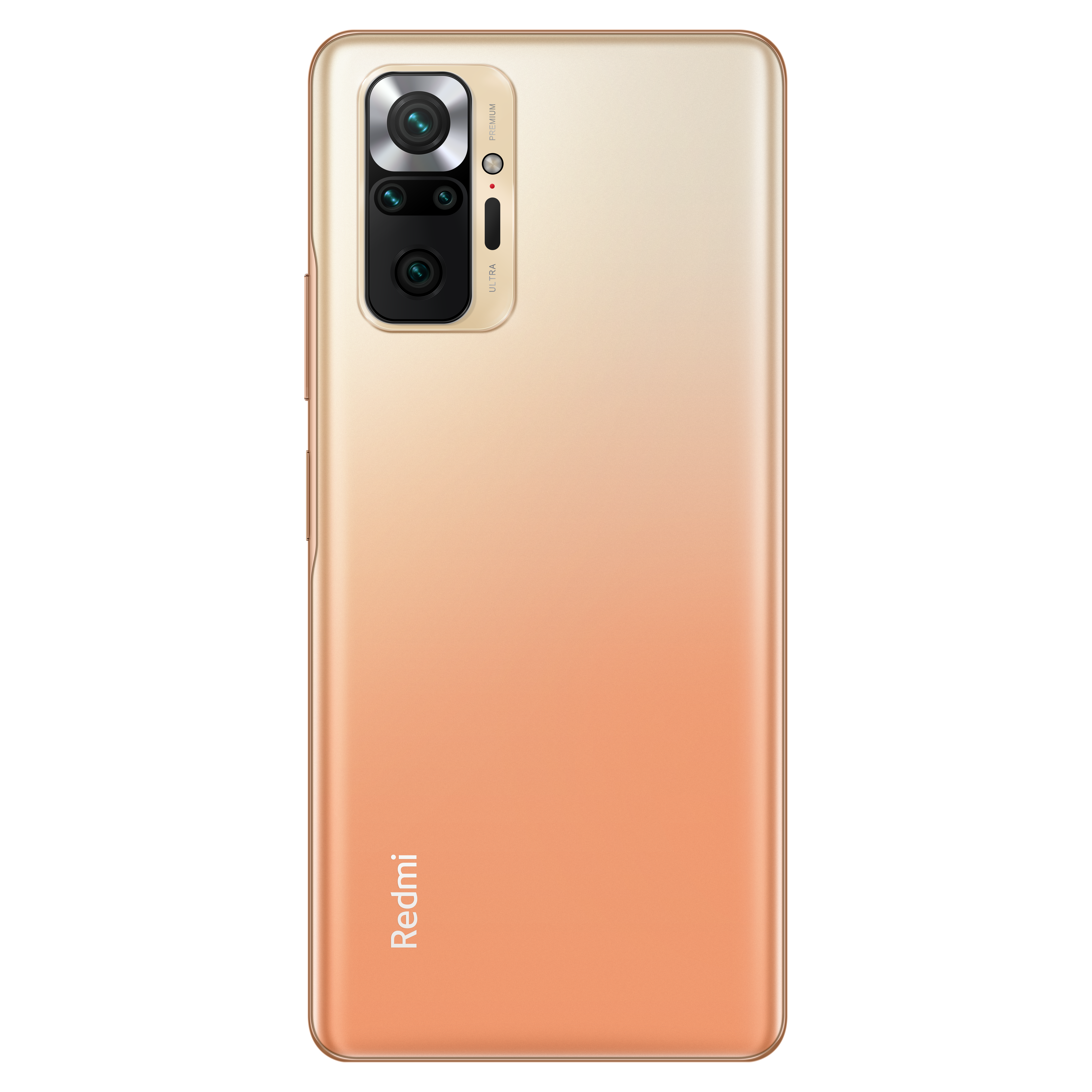Goldene Smartphone-Rückseite mit Kamera-Array. Redmi-Logo unten. Rückseite mit Orangegradient.