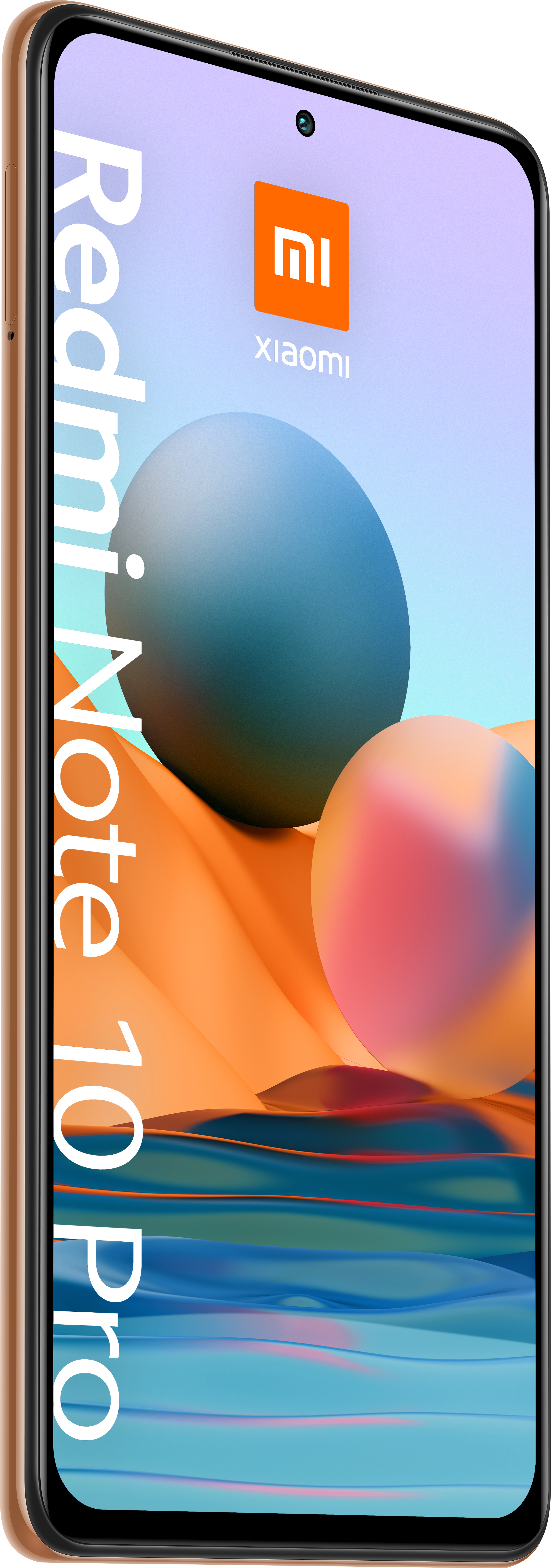 Redmi Note 10 Pro Telefon, goldener Rahmen, Bildschirm mit Xiaomi-Logo und abstrakten Kugeln in Orange, Blau und Pink.