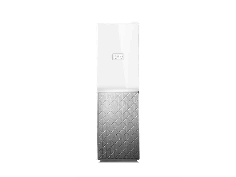 Disco duro externo blanco y gris sobre fondo negro, diseño simple.
