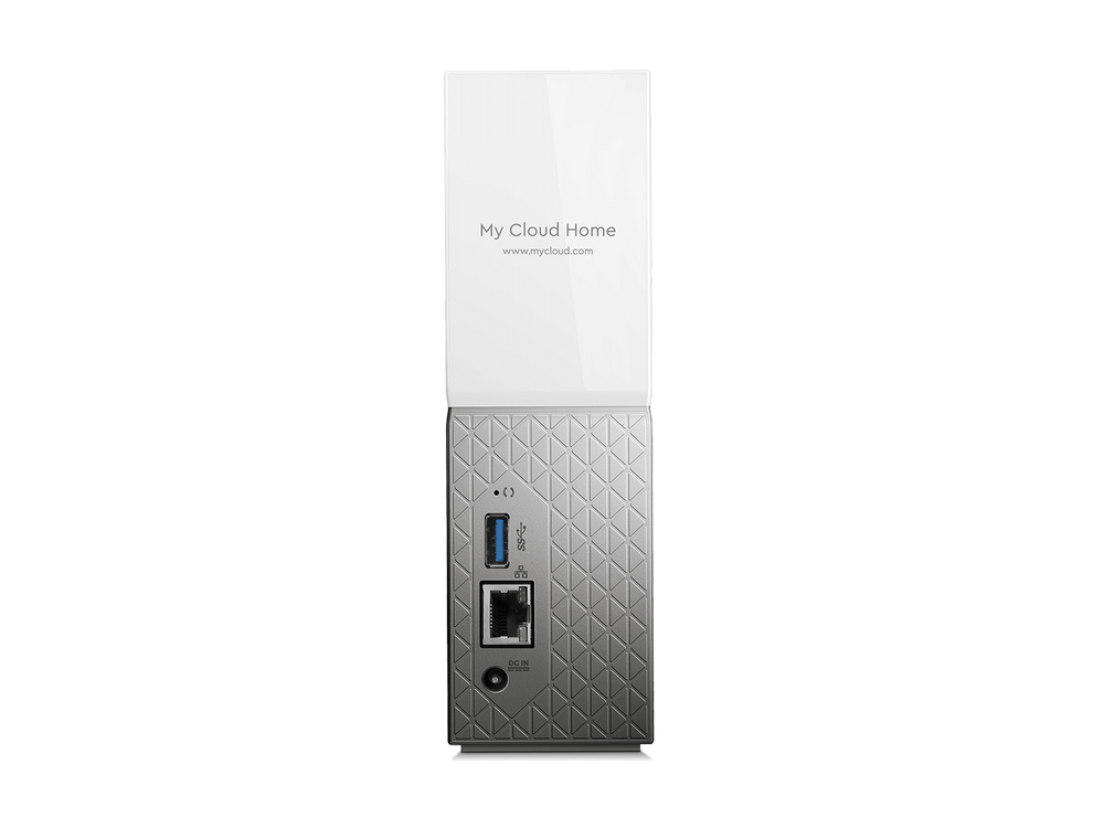 Disco duro externo blanco con base plateada y fondo negro.