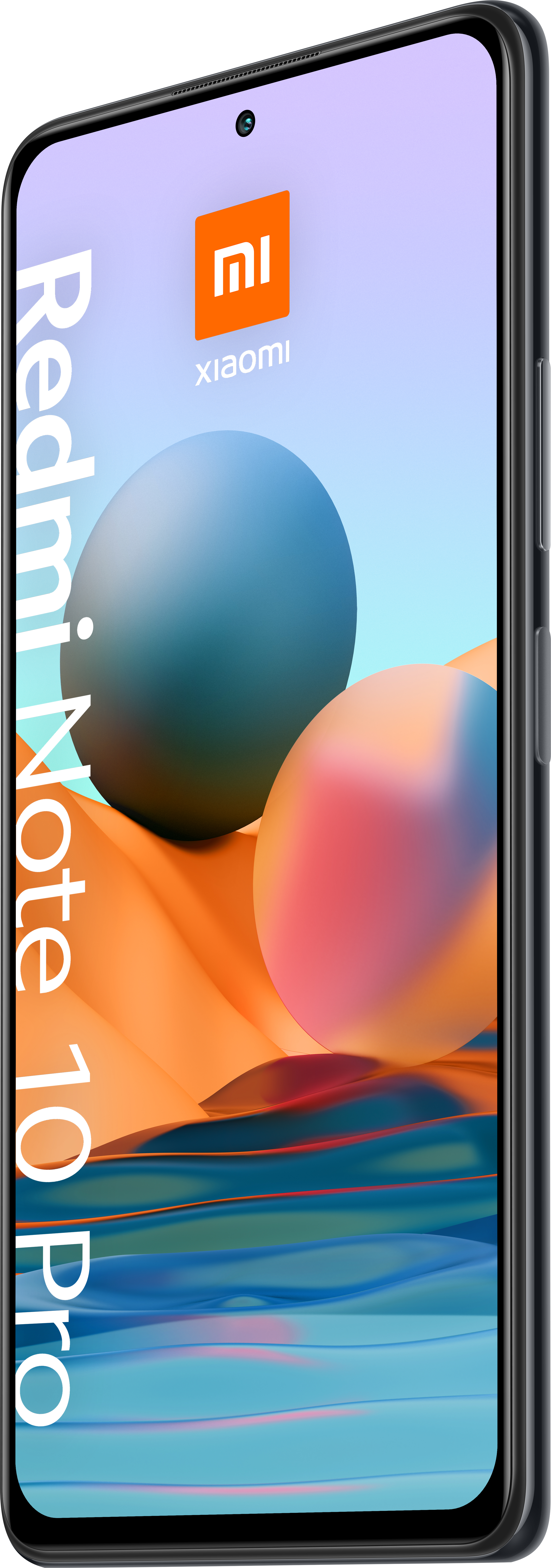 Ein Xiaomi Redmi Note 10 Pro Telefon in dunkler Farbe. Der Bildschirm zeigt ein farbenfrohes Bild.