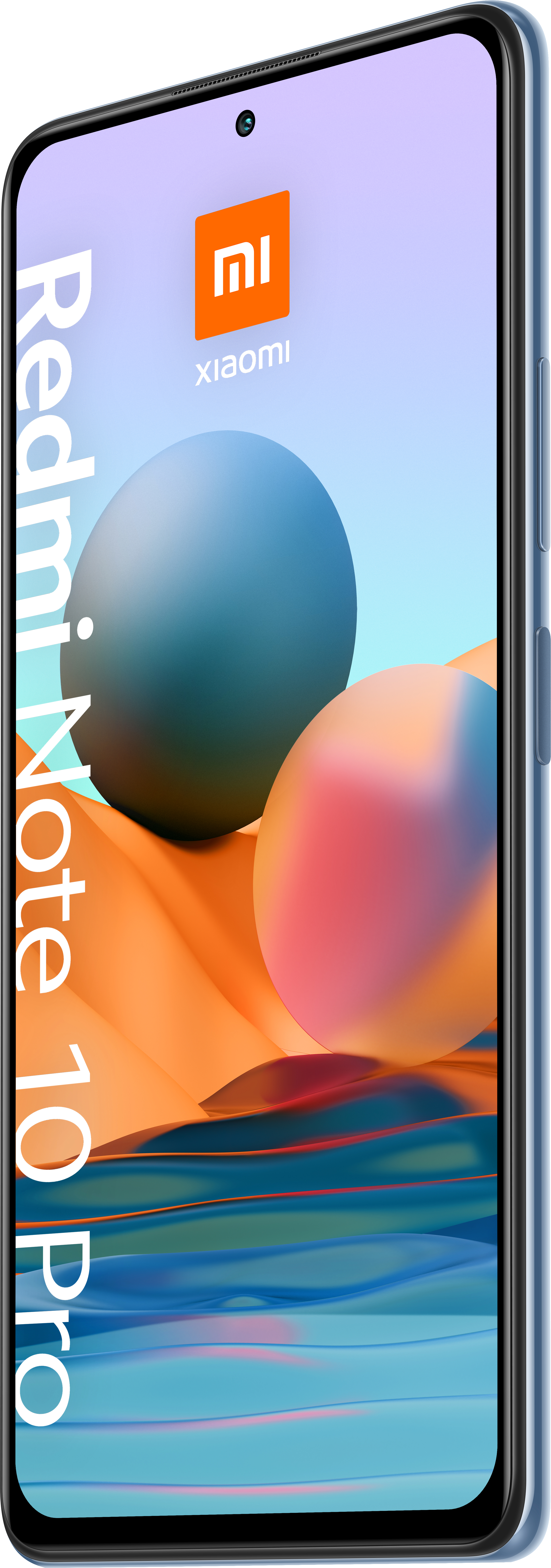 Ein Smartphone mit blauem Rahmen, das ein farbenfrohes abstraktes Bild anzeigt, zur Seite geneigt.