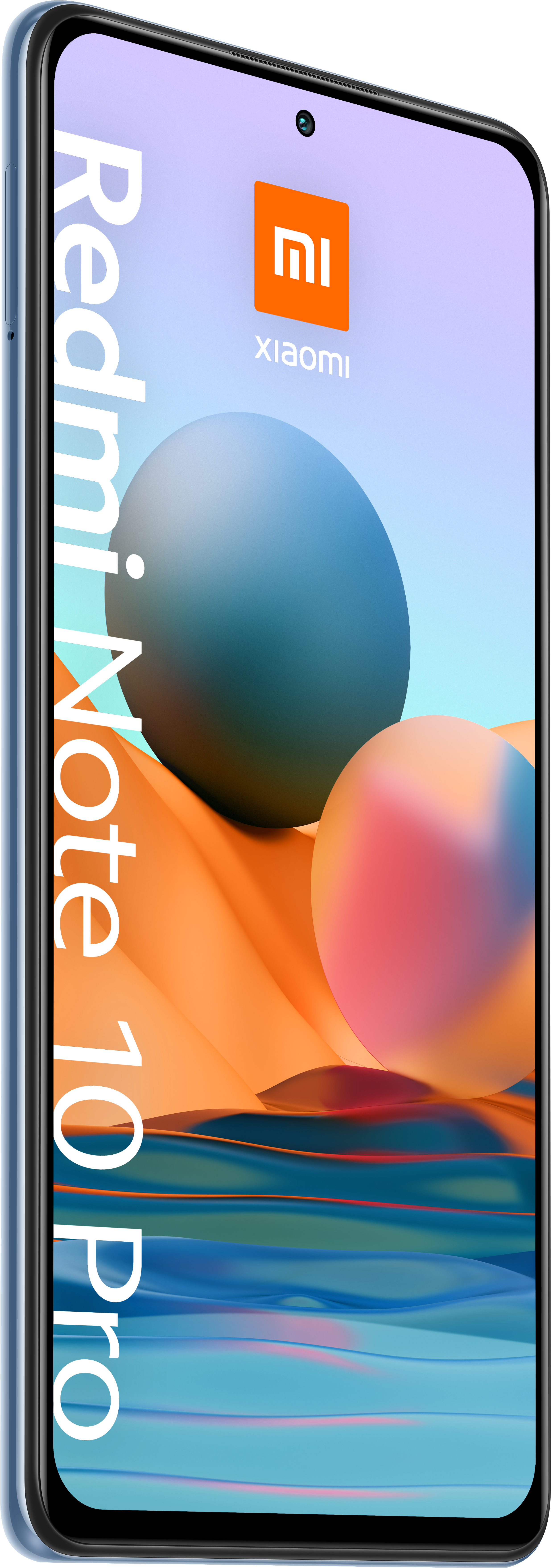 Ein blaues Telefon mit 'Redmi Note 10 Pro'-Text und Xiaomi-Logo auf weißem Hintergrund.