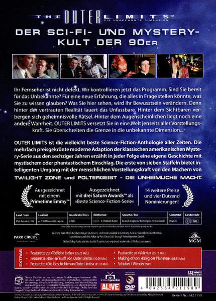 Rückseite einer DVD, wirbt für die Sci-Fi-Anthologie-Serie 'The Outer Limits'.