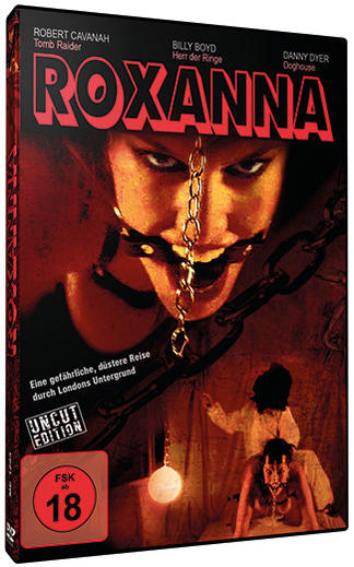 DVD-Cover für den Film 'Roxanna', zeigt eine Frau mit Ketten gefesselt vor rotem Hintergrund.