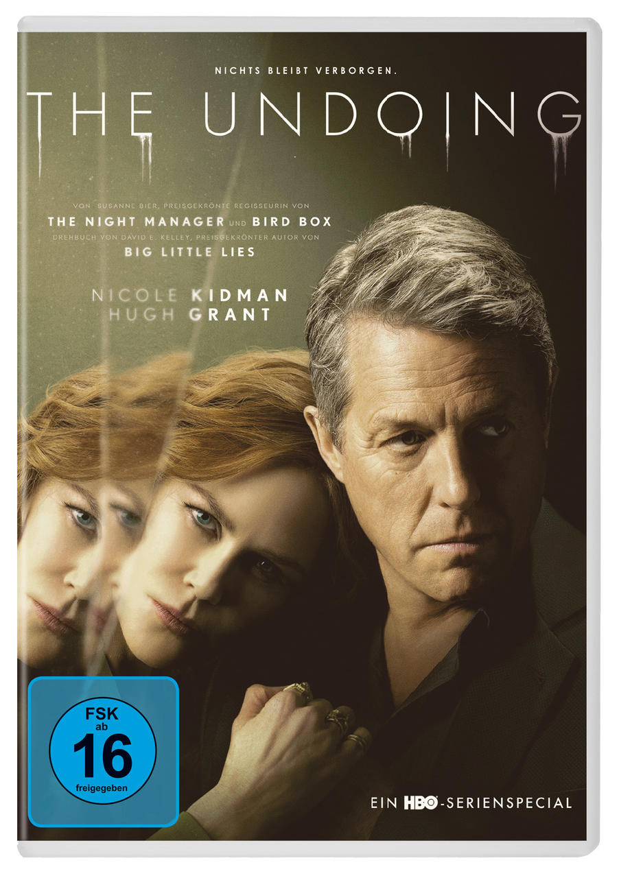 DVD-Hülle von 'The Undoing' mit Nicole Kidman und Hugh Grant. Blauer und weißer Text. FSK 16 Bewertung.