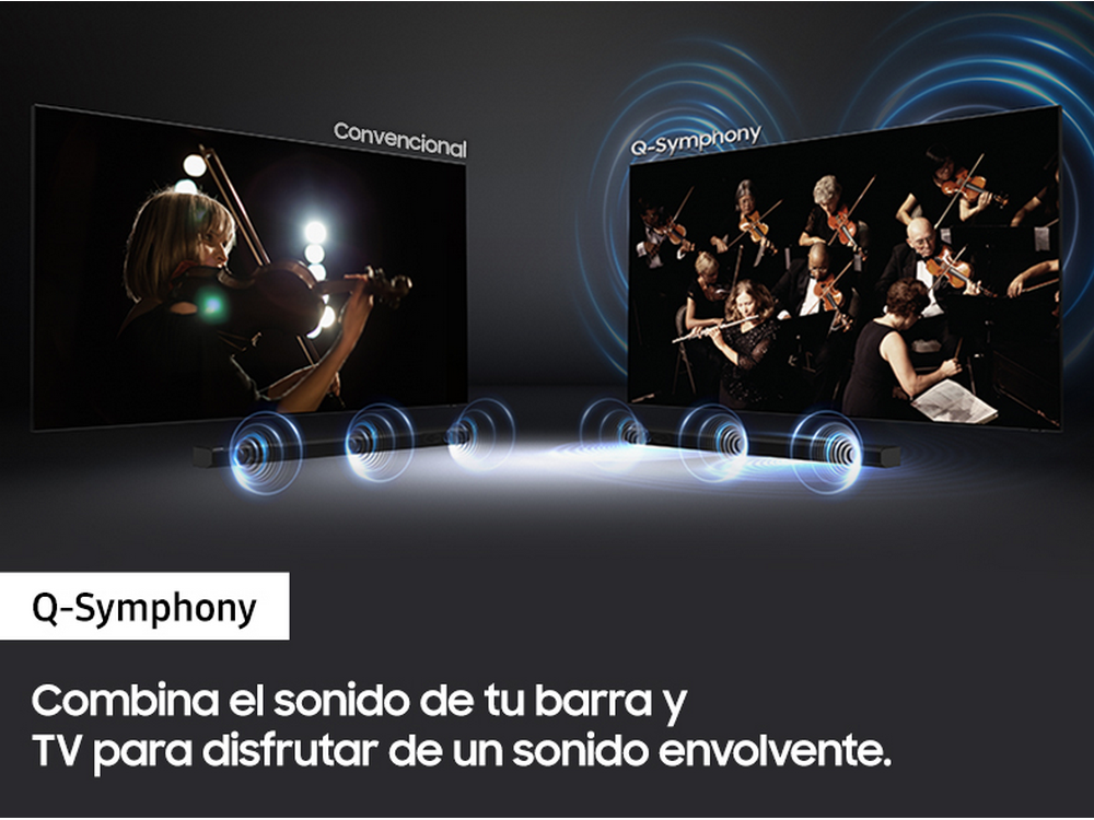 Dos televisores mostrando músicos. Uno está etiquetado 'Convencional', el otro 'Q-Symphony'. Texto abajo: Q-Symphony.