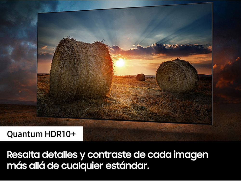 Una pantalla de televisión que muestra una puesta de sol sobre balas de heno. Texto debajo.