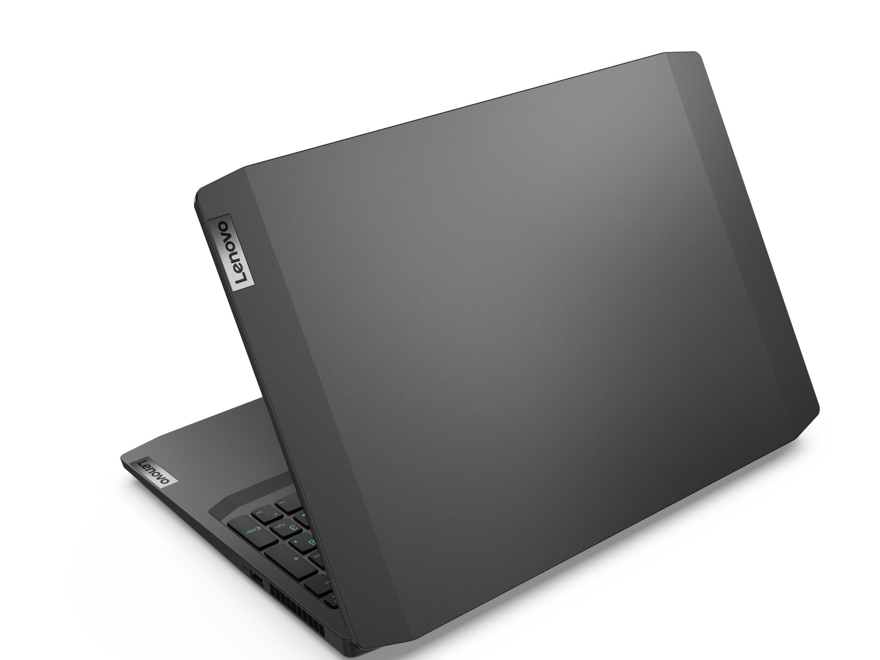 Gri bir dizüstü bilgisayar açık, klavyeyi ve Lenovo logosunu gösteriyor.