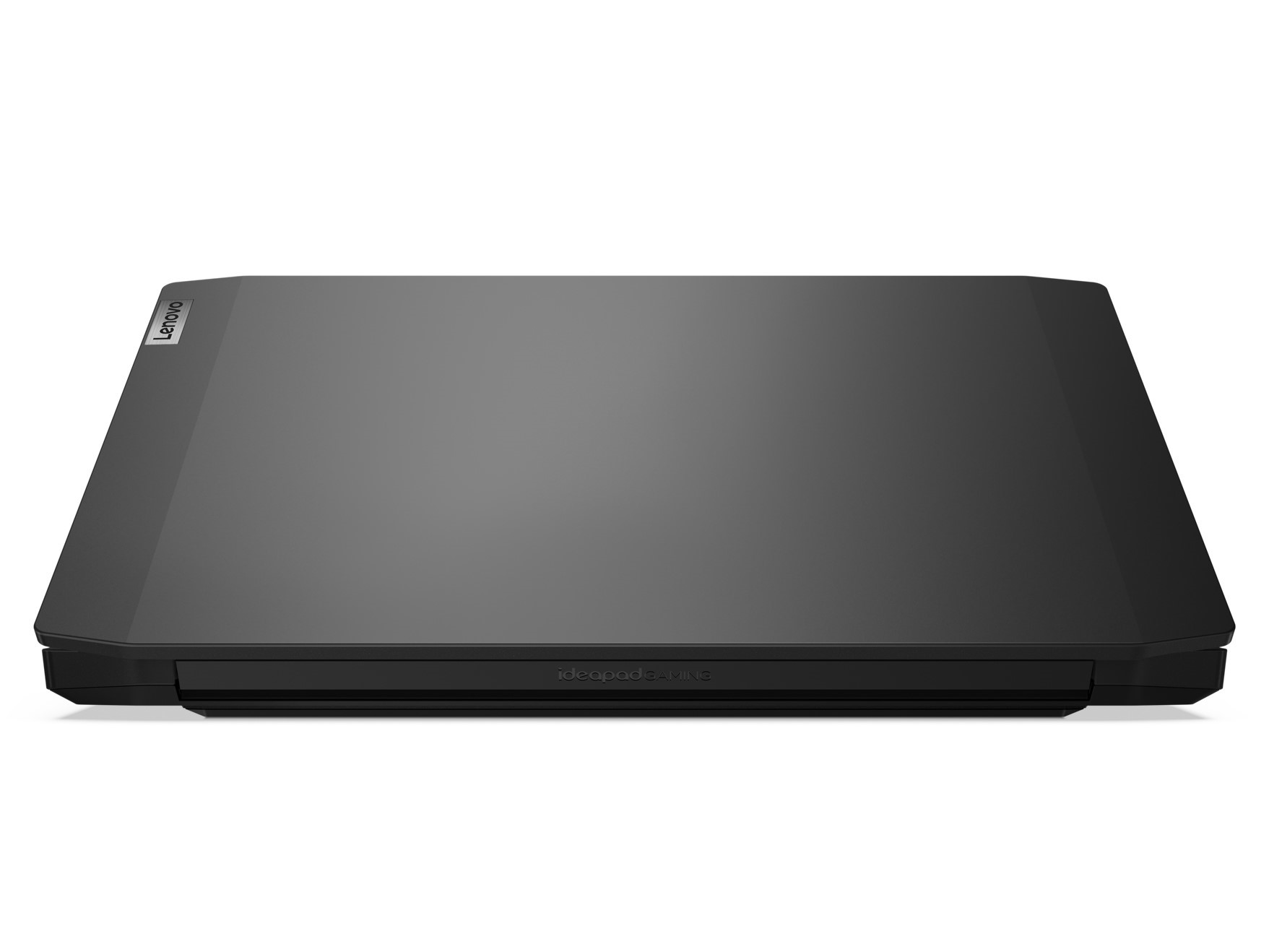 Üstünde marka adı bulunan, kapalı, siyah bir Lenovo dizüstü bilgisayar.