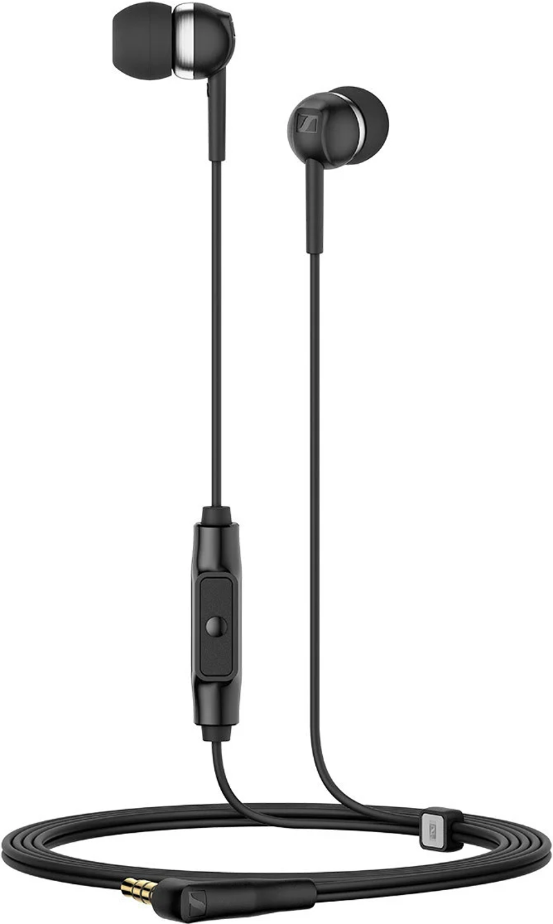 Schwarze Ohrhörer mit Steuermodul und vergoldetem Stecker.