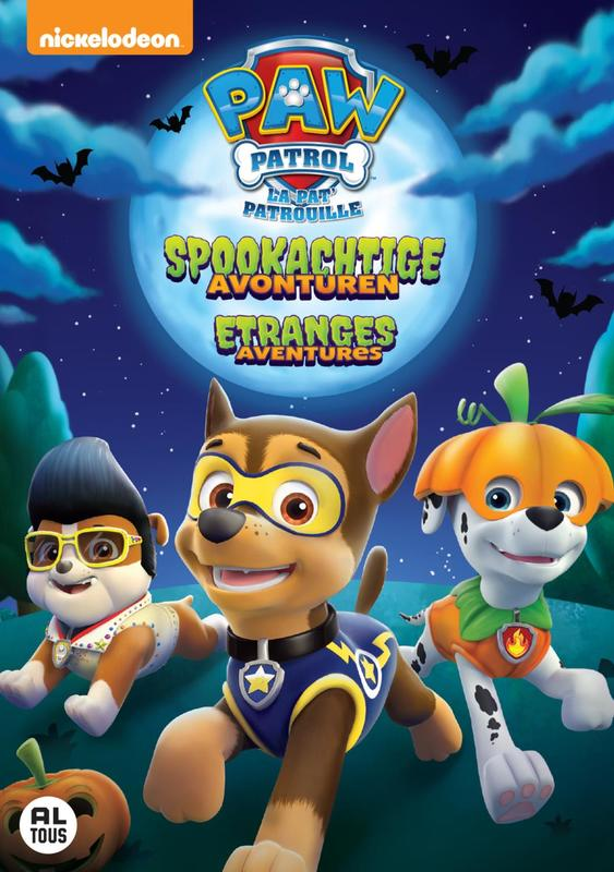 Paw Patrol Halloween DVD-hoes. Drie pups in kostuums, een blauwe maan en vleermuizen vliegen tegen een sterrennacht.