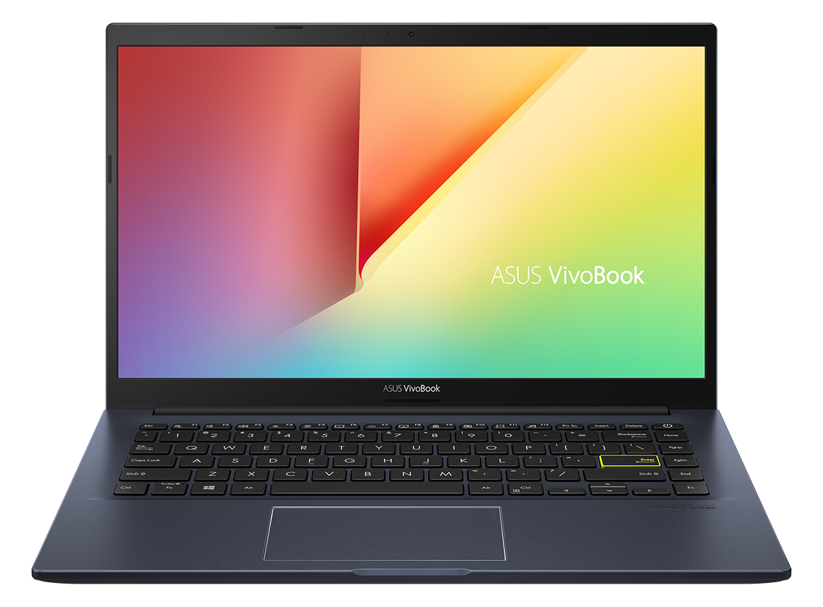 Un portátil ASUS VivoBook. La pantalla muestra un gradiente colorido. Teclado y panel táctil visibles. Cuerpo azul oscuro, teclado negro.