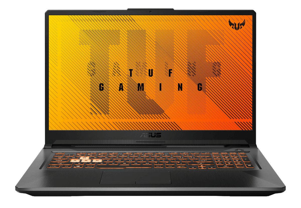 Un portátil negro con teclado naranja y pantalla amarilla.