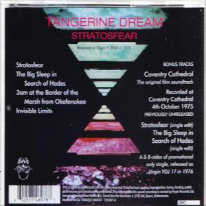 A Tangerine Dream 'Stratosfear' albumának hátlapja, a számok és a bónusz tartalom listájával.