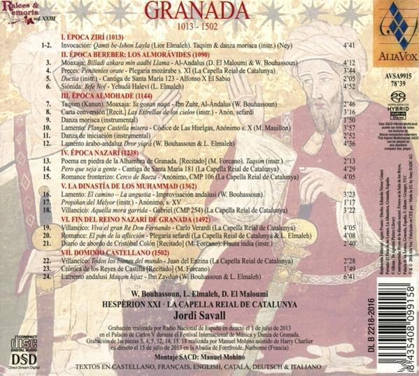 CD tok hátulja, több nyelven szöveggel a 'Granada' albumról. Fehér és piros háttér.