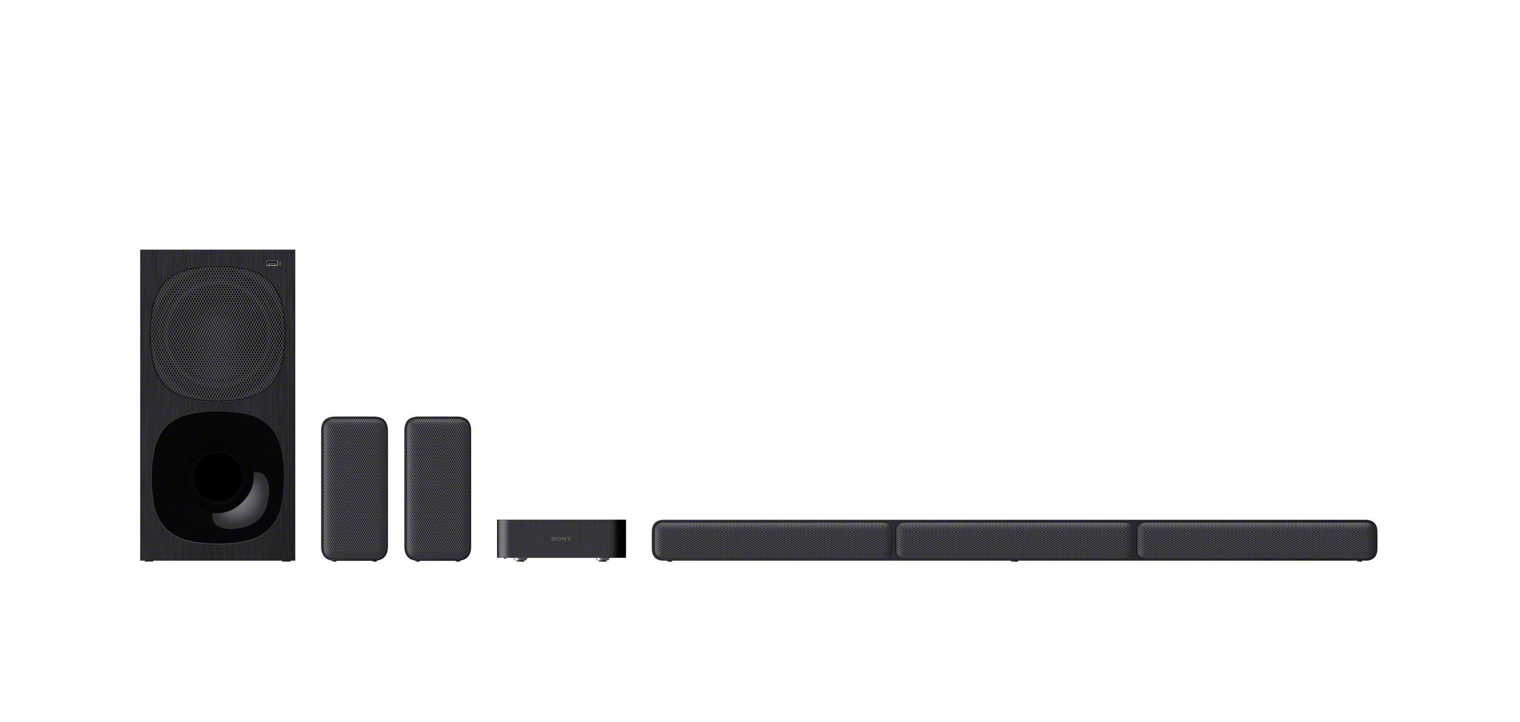 Eine schwarze Soundbar, Subwoofer und zwei Satellitenlautsprecher.