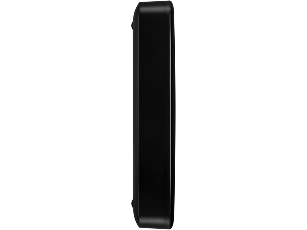 Un dispositivo negro y rectangular, posiblemente un disco duro, visto de lado.