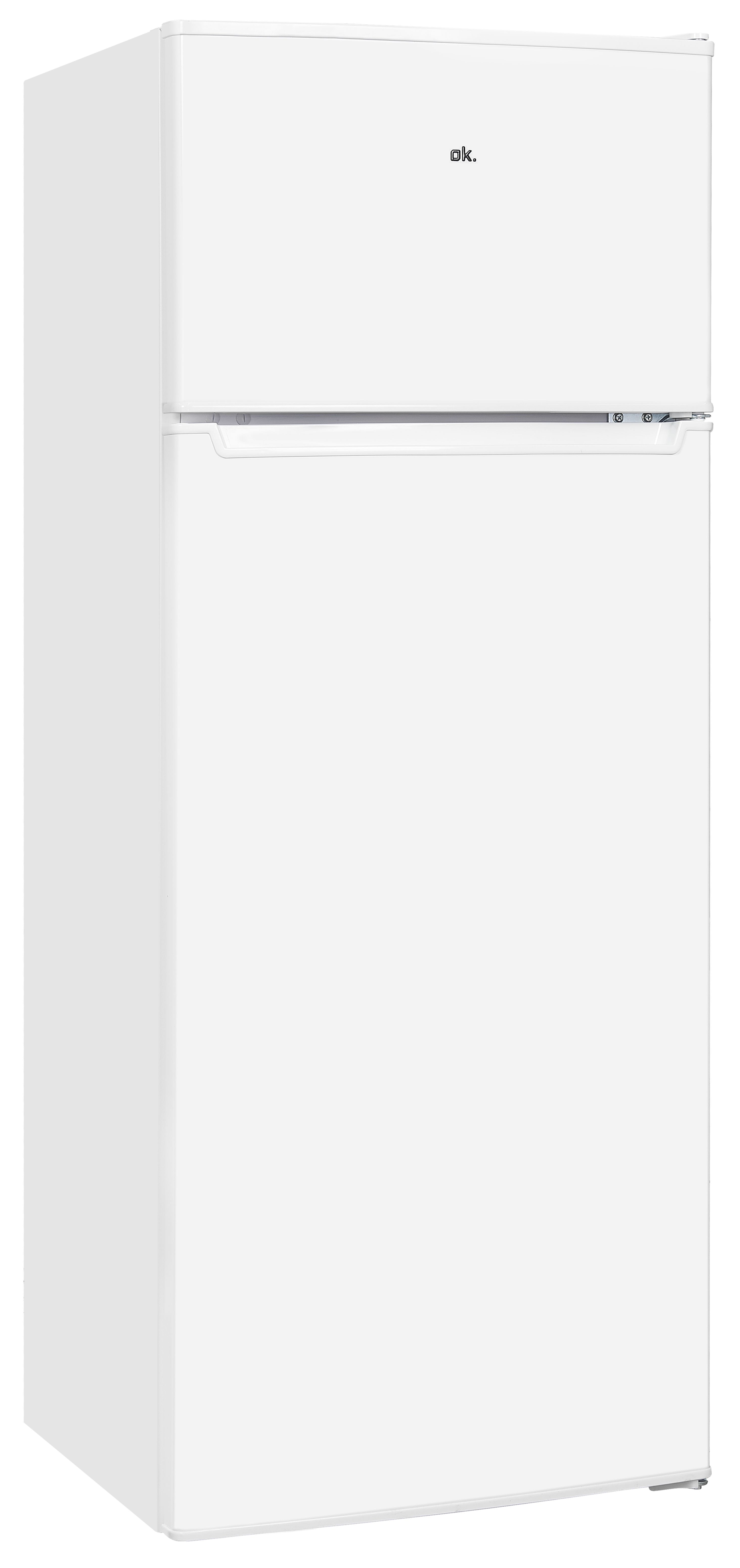 Ein weißer OK-Kühlschrank, der aufrecht steht, mit einem oberen und unteren Bereich.