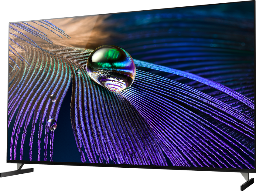 Grande schermo TV con un design a piuma e goccia d'acqua. Lo schermo è nero, con piccole gambe.