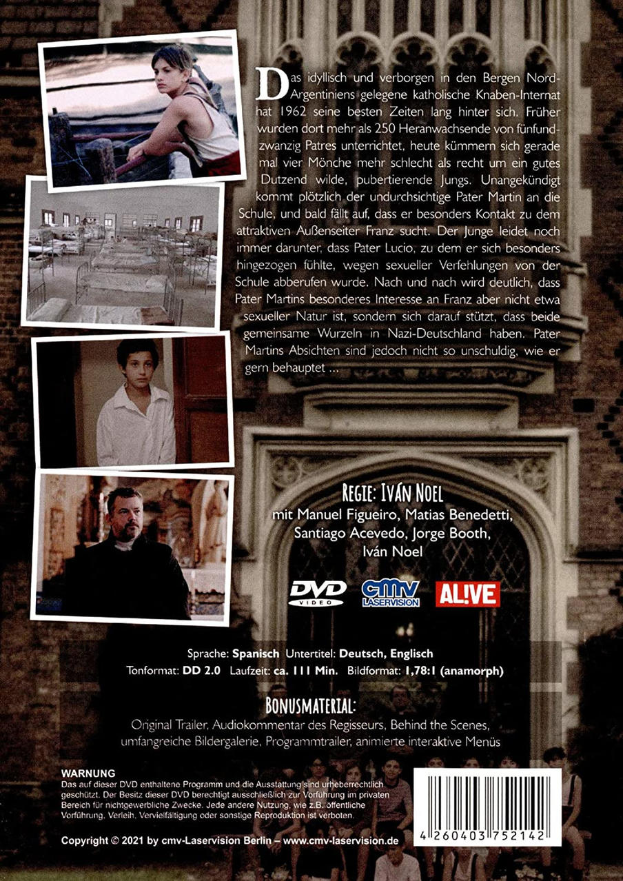 DVD-Cover eines Films mit Standbildern, Text und einem kirchenähnlichen Hintergrund. Text auf Deutsch und Spanisch.
