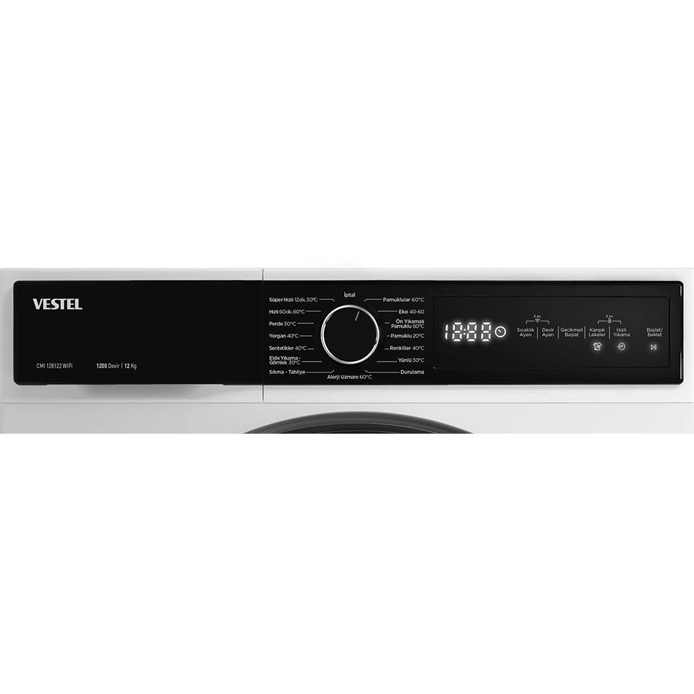 Beyaz bir Vestel çamaşır makinesi kontrol paneli. Dijital bir saat ve program ayarlarını gösterir.