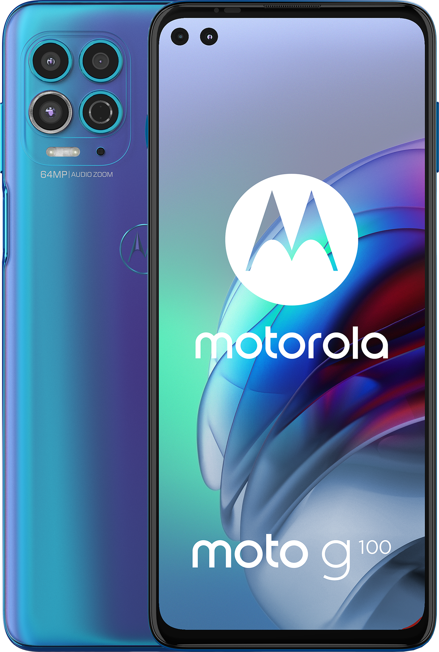 Blauwe Motorola-telefoon, achteraanzicht met vier camera's. Logo en tekst 'moto g100' zichtbaar.