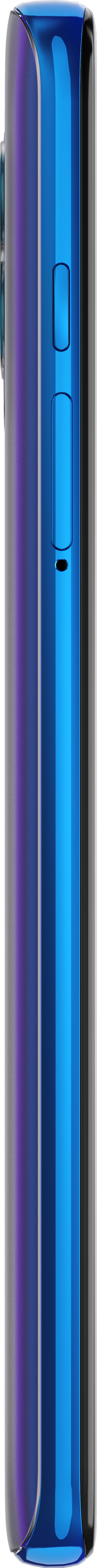 Zijaanzicht van een blauwe telefoon met knoppen aan de zijkant.