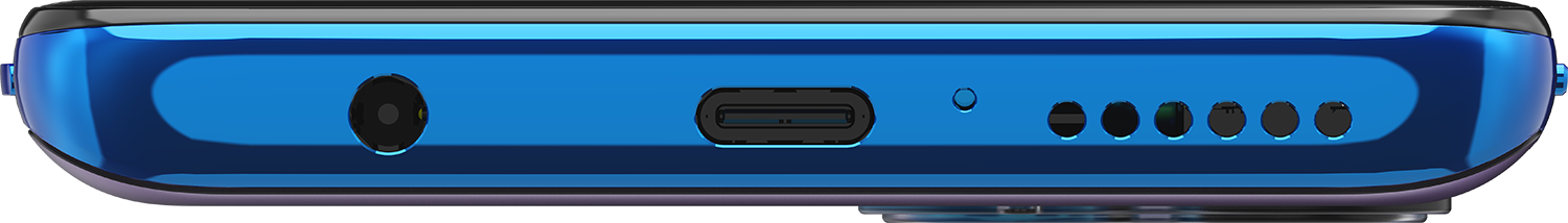 Close-up van de blauwe onderkant van de smartphone. Voorzien van een koptelefoonaansluiting, USB-C-poort en luidsprekergaten.