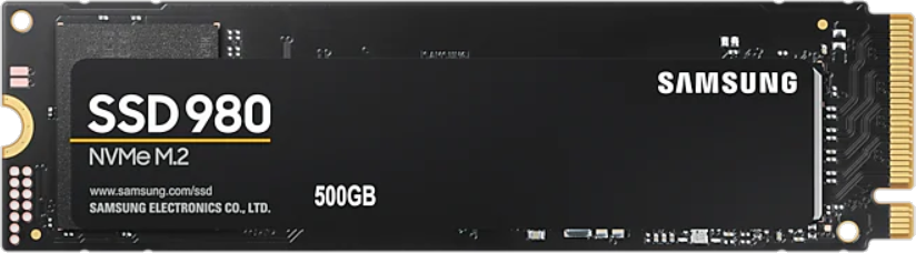 Fekete Samsung SSD 980 NVMe M.2 meghajtó, 500GB kapacitás, Samsung márka.
